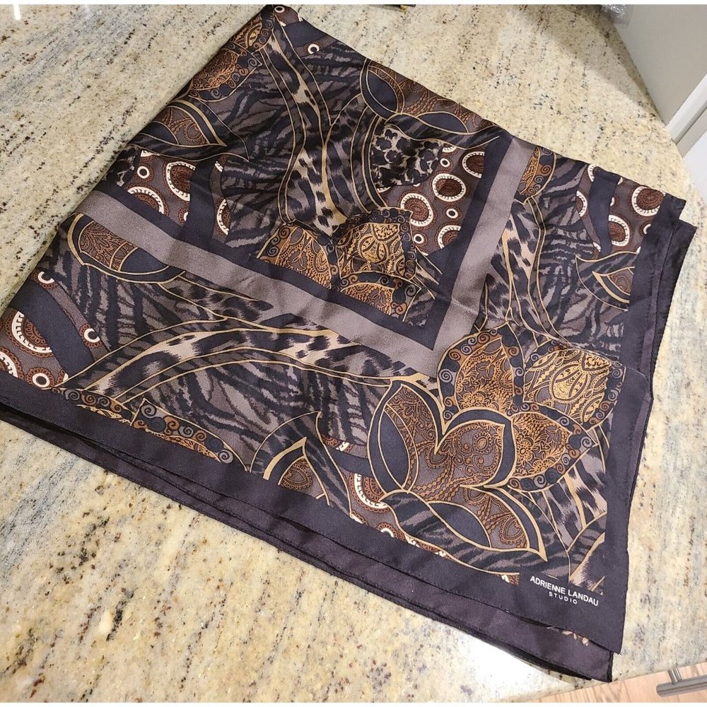 Adrienne Landau Studio Animal Print Paisley Square Scarf 34 x 34 Brown Gold